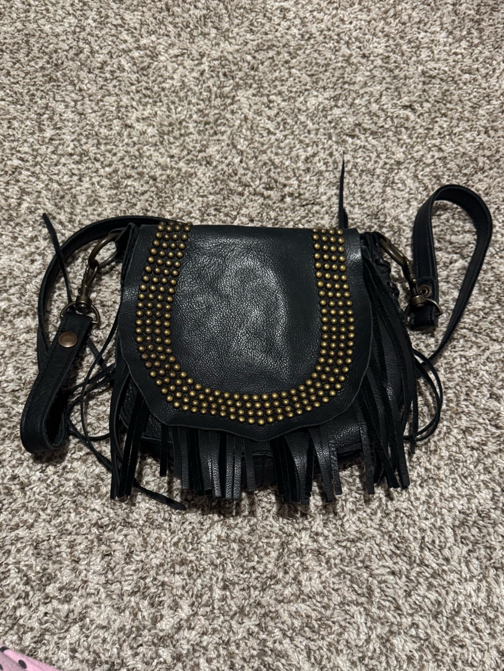 Black Fringe Crossbody with Brass Stud Detailing